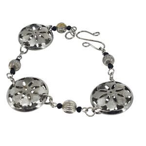 Vintage Silver tone Filigree Puffy Disc Chunky Bracelet Handmade 8" Asian